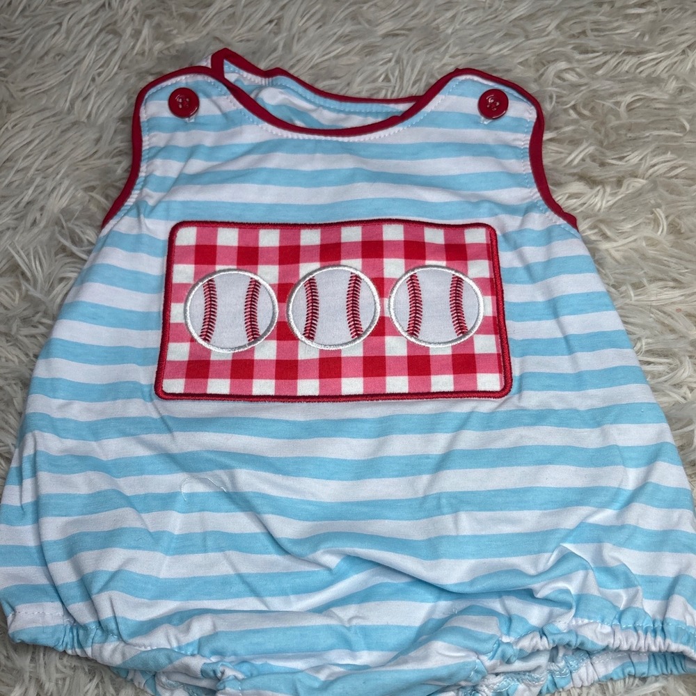 Baby Boy Baseball Bubble Romper Blue White Stripe Gingham 6 12M NWOT